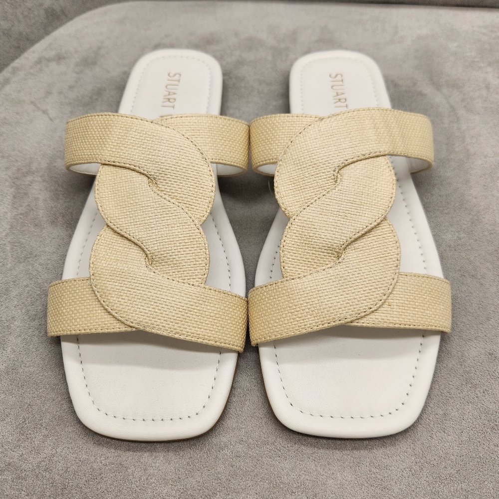 Stuart Weitzman Sandals 9.5 Cream Canvas Ibiza Slides Contemporary New $225